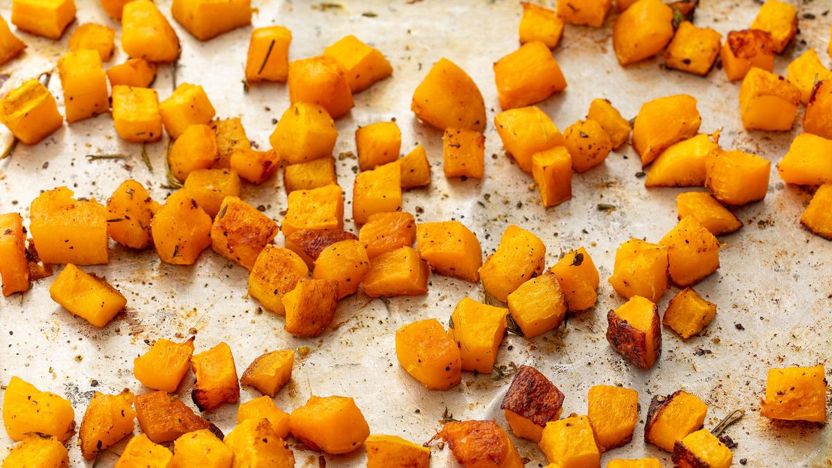 Roasted butternut squash on a tray