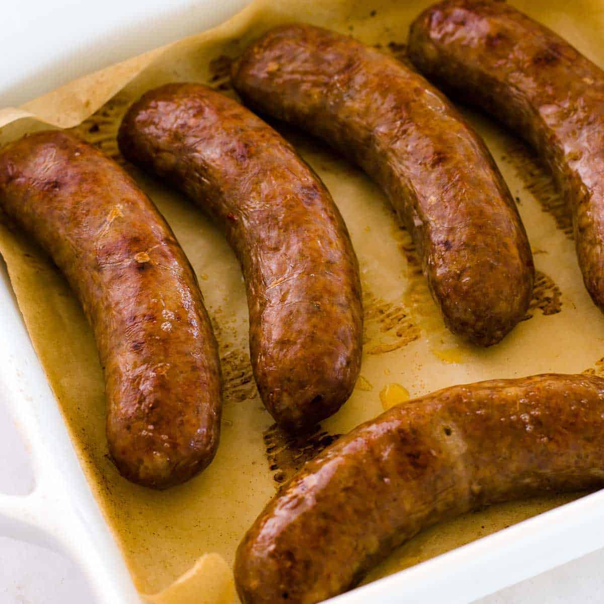 Sausages freshly cooked in the oven